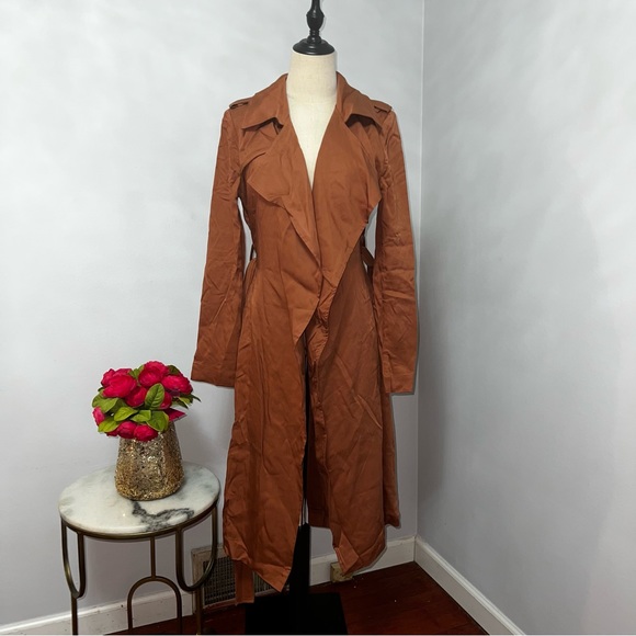 Badgley Mischka Faux Leather Trim Cedar Color Long Trench Coat - Duplicate - Picture 10 of 16